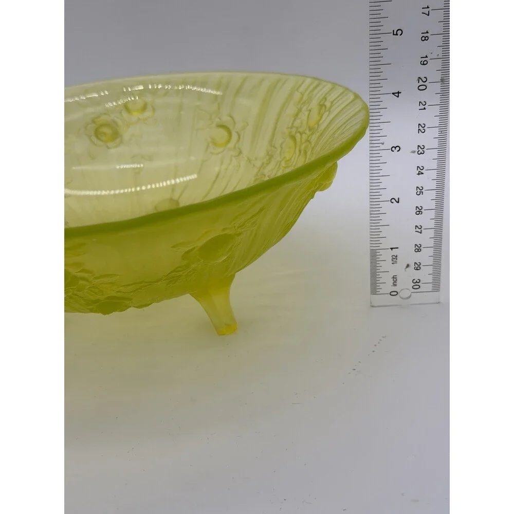 Tiffin Art Glass Vaseline Uranium Satin Roses Bowl 1920 MCM Round Green See Pics
